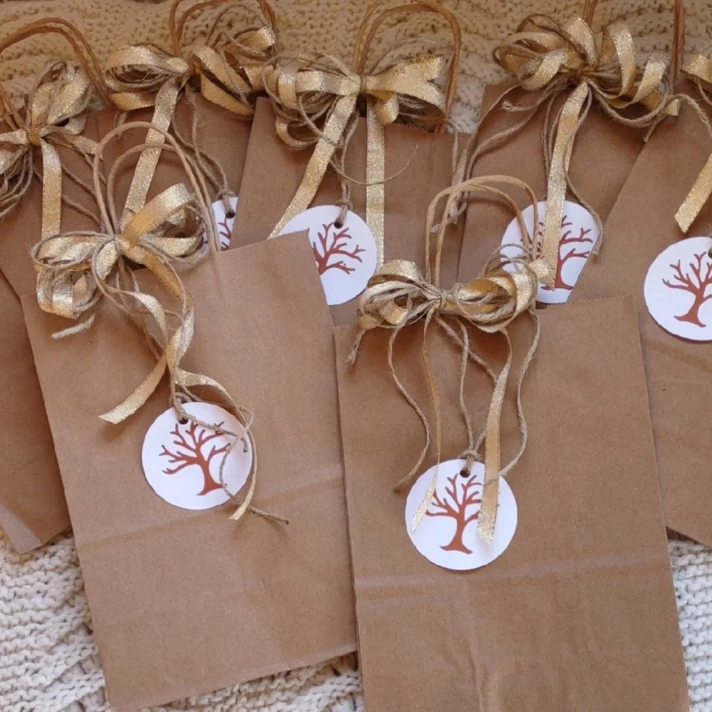 7 Brown gift bags with handmade tags